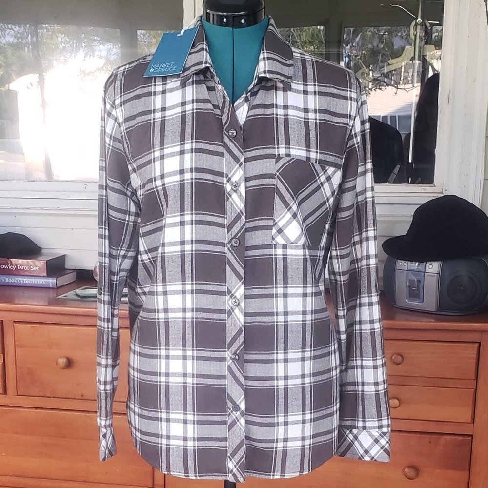 Button Down Plaid Top with Front Pocket